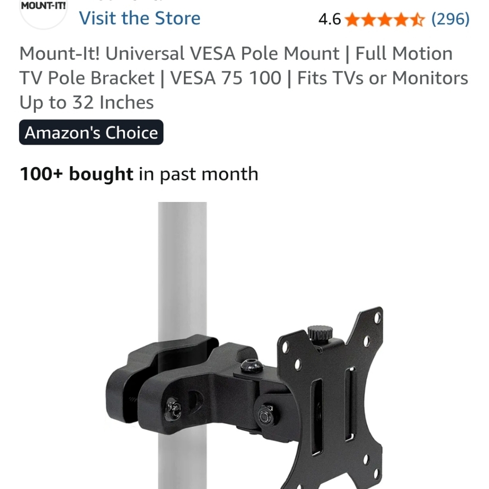 Black VESA Pole Mount for TVs or Monitors